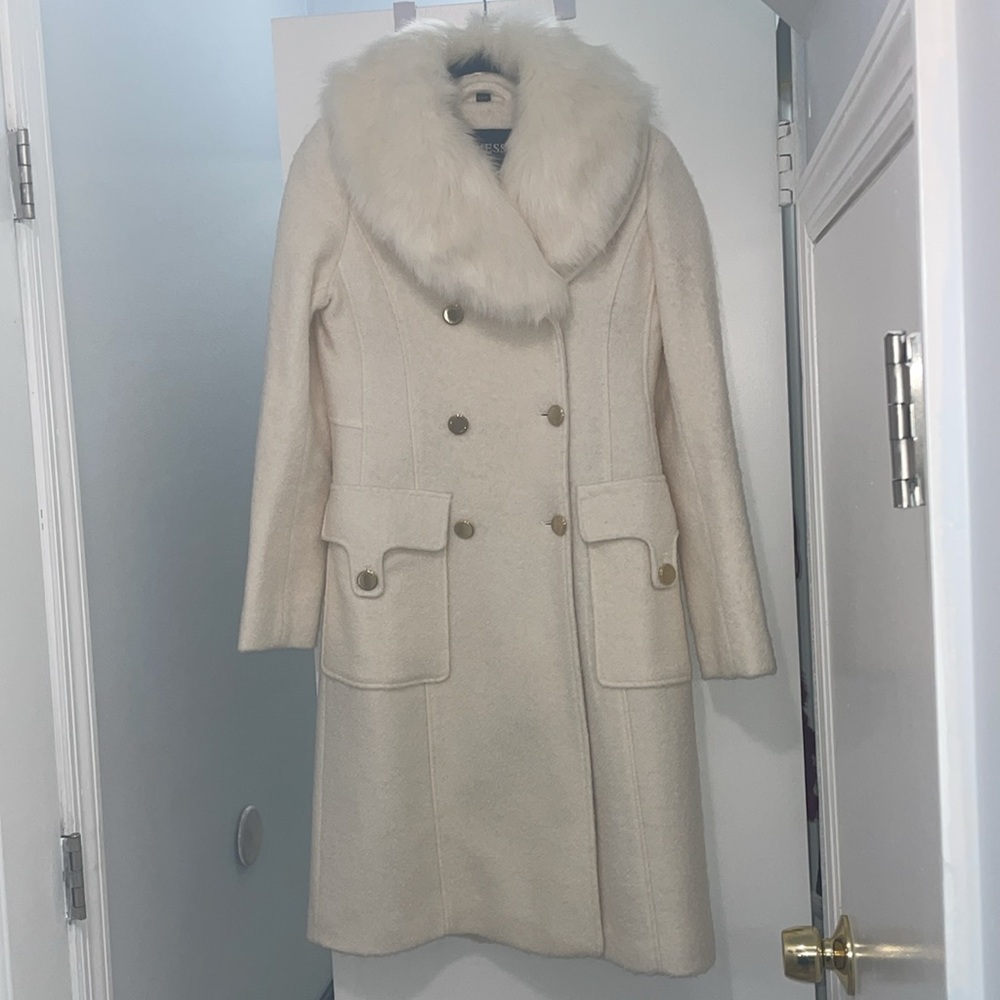 Guess Cream Colored Boucle Wool Double-Breasted Long Coat Faux Fur Shawl Collar